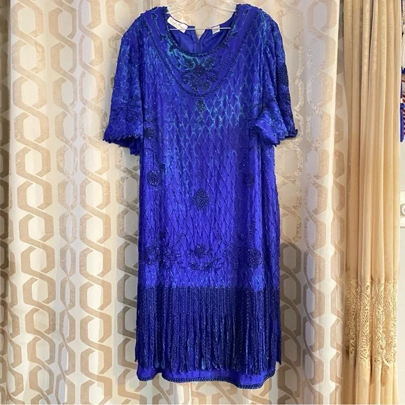 Vintage Laurence Kazer New York Y2K 100% Silk Elegant Blue Beaded Dress Size 3X - Picture 7 of 15